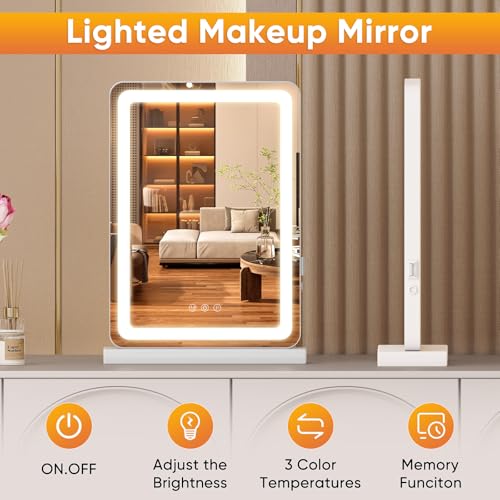 NEWBULIG 18.5"x13" LED Lighted Vanity Mirror, Smart Tabletop Makeup Mirrors with Lights for Desk, Touch Control Dimmable Brightness, 3 Color Lighting Modes