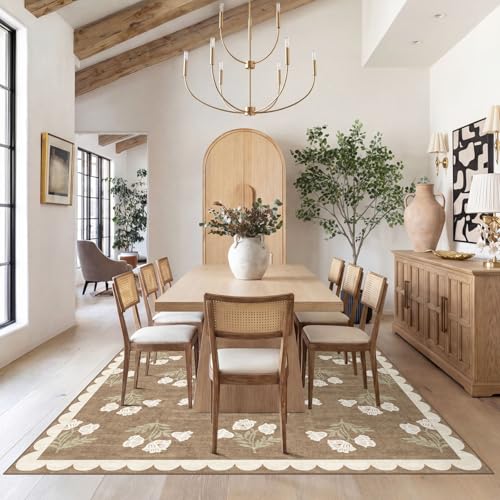 Boho Tan 6x9 Living Room Rug - Washable Floral Farmhouse Area Rug with Non-Slip Backing