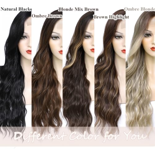 Brown Highlight Wigs for Women 26 Inch Long Wavy Glueless Hairpiece - Variation of 26 Inch / Brown Highlight
