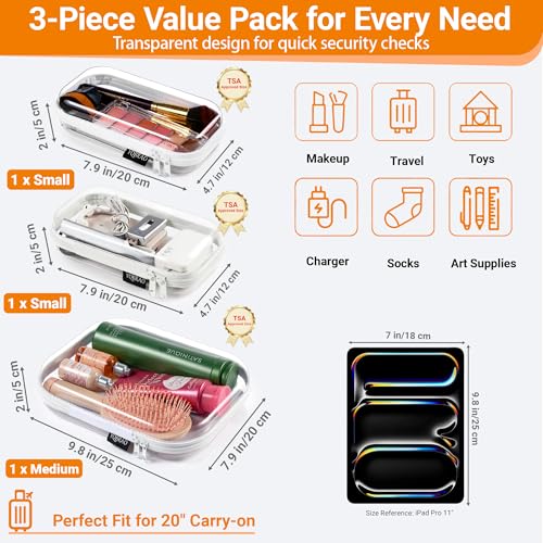YQBRAO Clear Hard Shell Zipper Cases - 6 Travel Organizers, White, TSA Compliant
