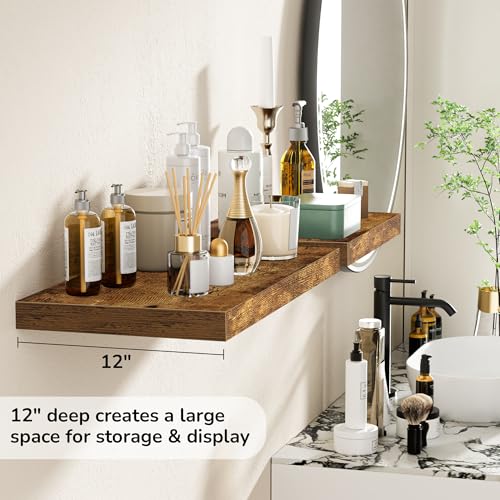 Rustic Brown Floating Shelves Set - 23.6 Inch Deep Wall Storage - Extra Thick & Deep for Living Room, Kitchen, Farmhouse Decor