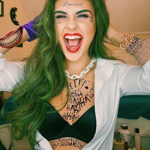 8 Sheets Joker Tattoos, Large-Size Waterproof Halloween Temp Tattoo for Men Women Adults, Suicide Squad Fake Stickers for Clown Costume Masquerade Cosplay Face Makeup Party Accessories