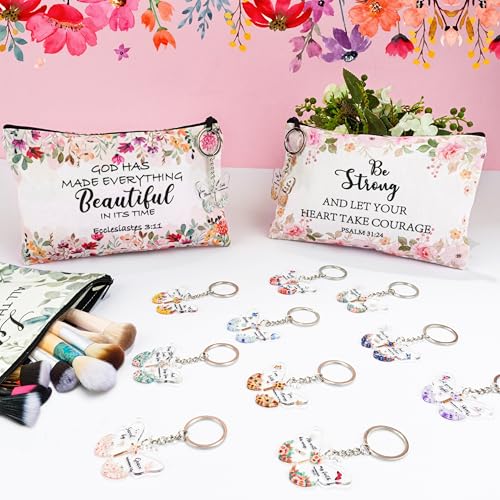 HUFAND 24Pcs Christian Gifts for Women Makeup Bags & Butterfly Keychains Set - Inspirational Religious Gift Set