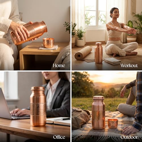 Inanosa 68 oz Copper Water Bottle Set with Cup Straw & Canvas Bag - Hand-Hammered Lab-Tested