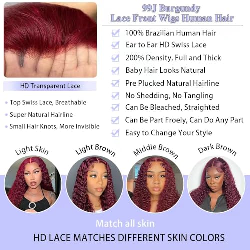 18 Inch Burgundy Deep Wave Lace Front Wig - Human Hair 99J, 13x6