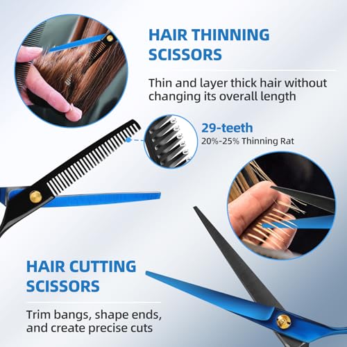 Professional Hair Cutting Scissors Set 3-Piece Black & Blue 6.5" Barber Shears