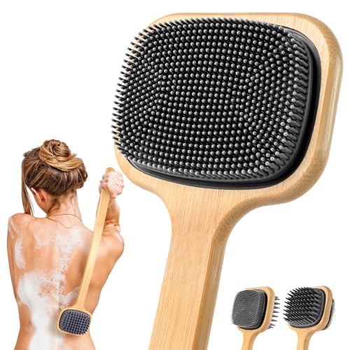Dual-Sided Back Scrubber with 21.65 Inch Handle - Gentle Silicone Shower Brush