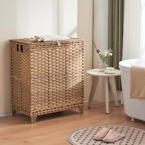 Laundry Hamper with Lid 190L Large 3-Section Rattan Laundry Basket - Natural