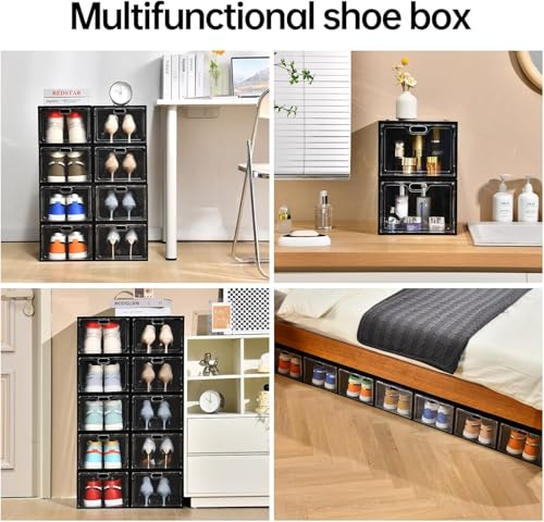 INSTY 12 Pack Black Stackable Clear Shoe Storage Boxes with Magnetic Doors - Fits US Size 12