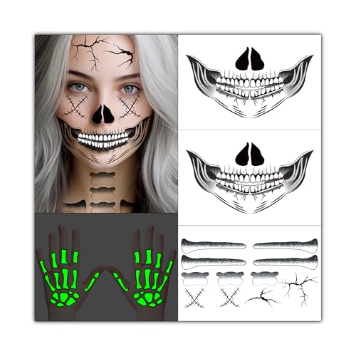 U-Goforst 2X Skeleton Face Tattoo, Skeleton Hand Tattoo Glow in The Dark, Skull Halloween Face Tattoos Hand Bones Temporary Tattoos Sticker, Classic Skeleton Makeup for Women Men Adult