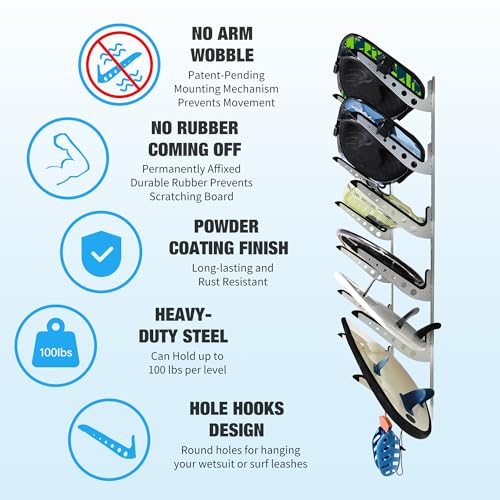HIKULA White 6-Layer Multi Board Wall Mount Surf Rack for Surfboard Wakeboard Snowboard