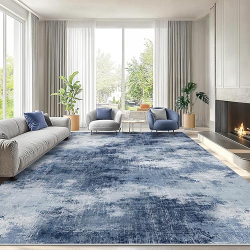 Amada 8'x10' Dark Blue Abstract Washable Area Rug for Living Room