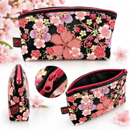 Small Traditional Edo Komon Makeup Bag with Cherry Blossom Design - Black Pink, Made in Japan