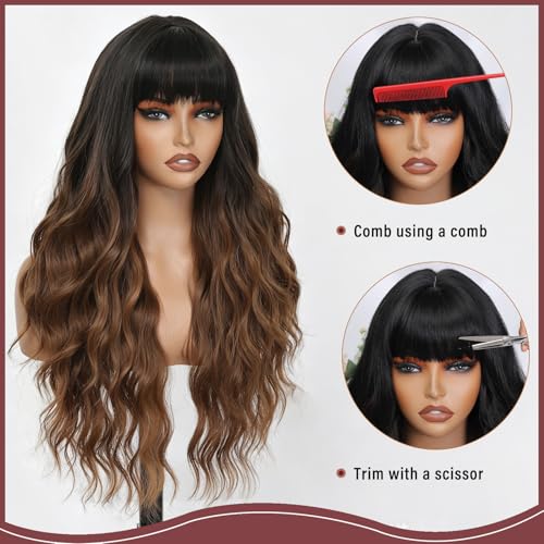 FEIVOSILAN Ombre Brown Wavy Wig with Bangs - Long 26 Inch Synthetic Hair for Women