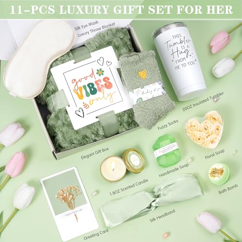 Mother's Day Gift Basket for Women - Vanilla Relaxation Spa Set with Tumbler & Cozy Blanket - Green