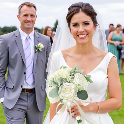 White-2 Set of 6 Bridesmaid Bouquets for Wedding - Ivory Silk Roses & Green Eucalyptus