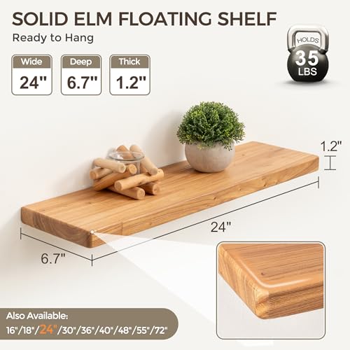 Floating Wall Shelves Set of 2 - 24 Inch Reclaimed Elm Rustic Storage for Kitchen & Bathroom - Variation Elm / 6.7"D x 24"L