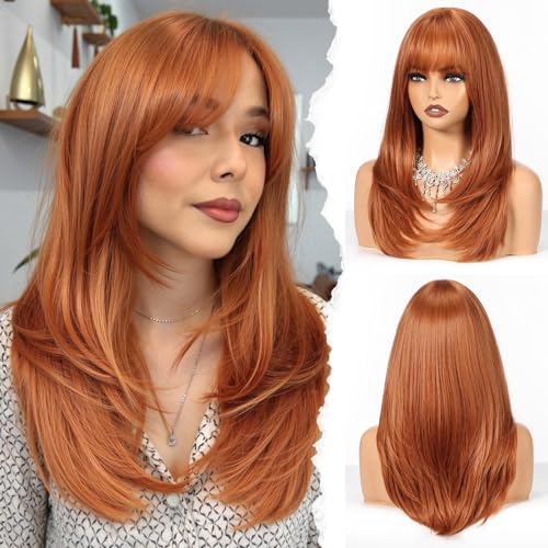 HAIRCUBE Orange Layered Long Straight Synthetic Wig with Bangs - Heat Resistant & Natural Look
