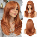 HAIRCUBE Orange Layered Long Straight Synthetic Wig with Bangs - Heat Resistant & Natural Look