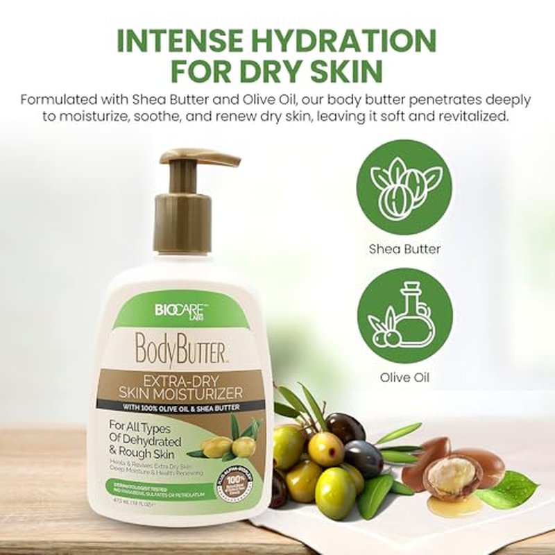 Biocare Labs Moisturizing Body Butter - Body Cream With Natural Shea Butter, Olive Oil, and Vitamin E - Instantly Penetrates and Deeply Renews Skin - Lotion Designed For Dry Skin- 16 OZ