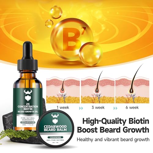 Beard Growth Kit with Cedarwood Oil - 2X Concentration Biotin for Men, Natural Argan & Jojoba Oils