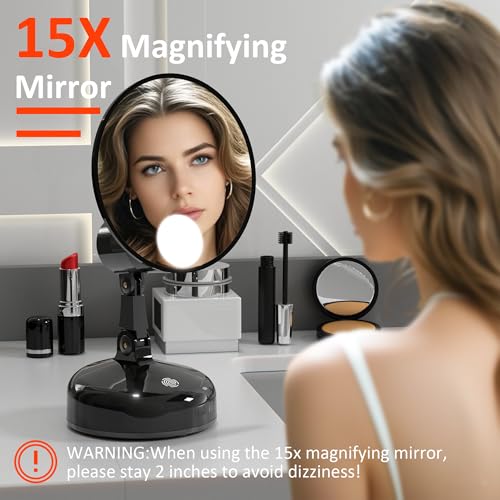 Portable LED Makeup Mirror with 15x Magnification & Adjustable Brightness