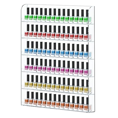 FEMELI 20 * 24 Inch Nail Polish Wall Racks 1 Pack, Hold Up to 120 Bottles,Clear Acrylic Nail Polish Shelf Organizer Wall Mounted 6 Rows (1)