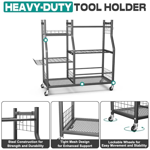 Large Garden Tool Organizer Stand with Wheels - Heavy-Duty Garage Storage