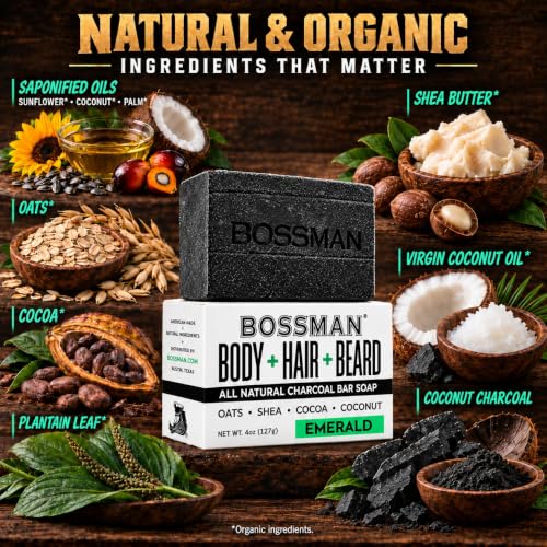 Bossman 4-in-1 Charcoal Bar Soap for Men - Emerald, 4 oz, Pack of 3