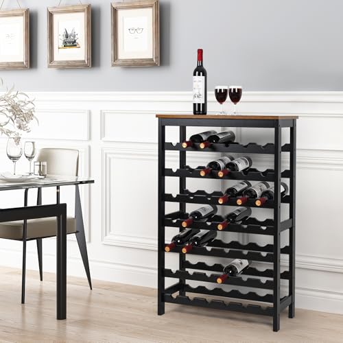 Bamboo Wine Rack 42 Bottles - Rustic Brown & Black 7-Tier Freestanding Shelf with Tabletop