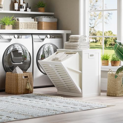 White Tilt Out Laundry Hamper Cabinet with 20 Gallon Basket & Bamboo Surface