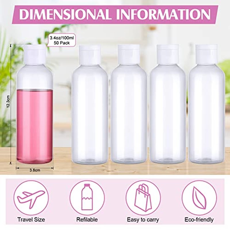 50 Pcs 3.4 oz Small Travel Bottles Plastic Empty Squeeze Bottle Clear Refillable Shampoo Container with 2 Funnel for Liquids Cream Cosmetic Toiletries(Clear, White)