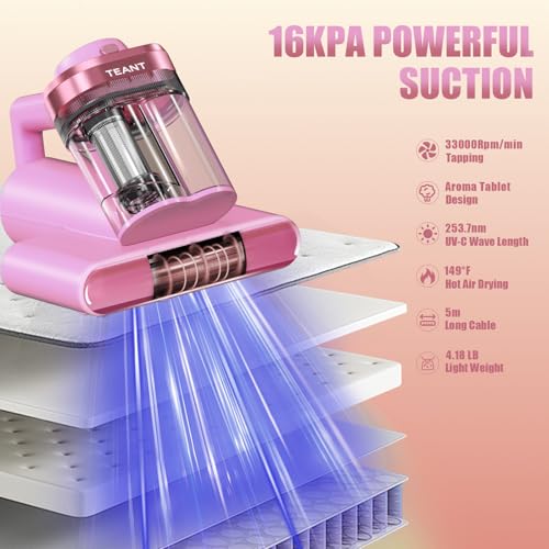 Pink Mattress Vacuum Cleaner with UV-C and 16kPa Suction - Deep Cleaning & Odor Removal