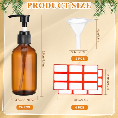 Tanlade 24 Pcs Glass Pump Bottle Dispenser 4 oz Travel Bottles with Pump Refillable Glass Containers for Toiletries Lotion Liquid Soap Shampoo Essential Oils Cosmetic Travel Accessories (Amber)