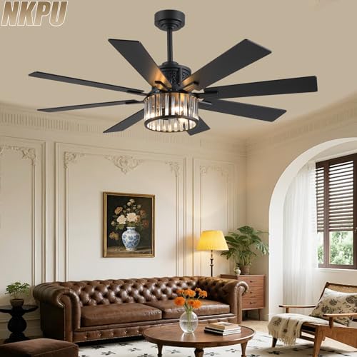 Farmhouse Crystal Ceiling Fan with Lights and Remote - Black 52 Inch with Dual Blades
