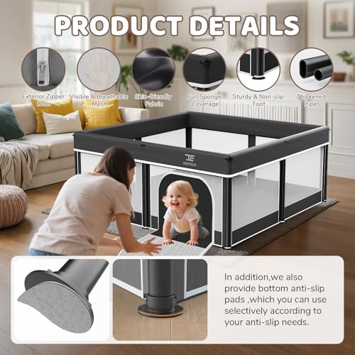 Foldable Baby Playpen with Mat - Portable Indoor & Outdoor Play Yard, Black 50x50in