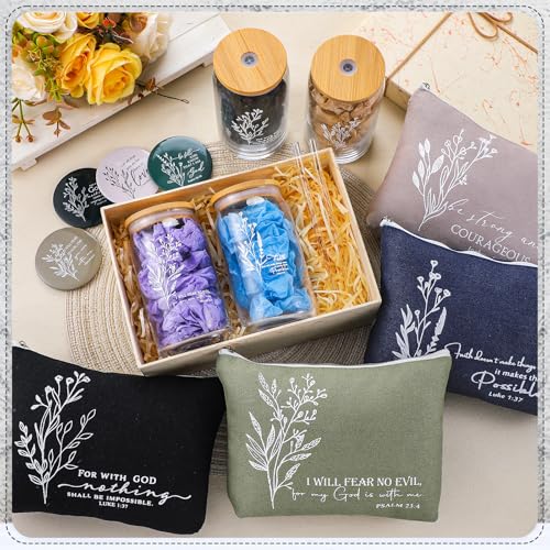 Fumete 4 Sets Christian Gift for Women Sunday School Teacher Valentines Makeup Bag Flower Bible Verse Coffee Cup with Bamboo Lid Straw Pastor Wife Mini Compact Mirror Religious Church Gift (Bible-b)