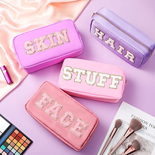 Classic 4-Pack Nylon Makeup Bags for Women - Mixed Color Cosmetic Organizer with Chenille Letter Patches