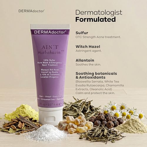 DERMAdoctor Ain¡¯t Misbehavin¡¯ 10% Sulfur Acne Mask, Oil-Absorbing Facial Treatment, 2.3 fl oz