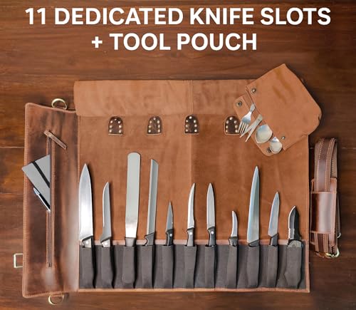 Rustic Town Genuine Leather Chef Knife Roll - Walnut Brown, Holds 11 Knives
