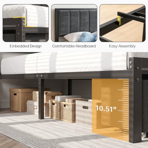 Dark Grey Twin Size Bed Frame with LED Lights, Charging Station & Storage Drawer