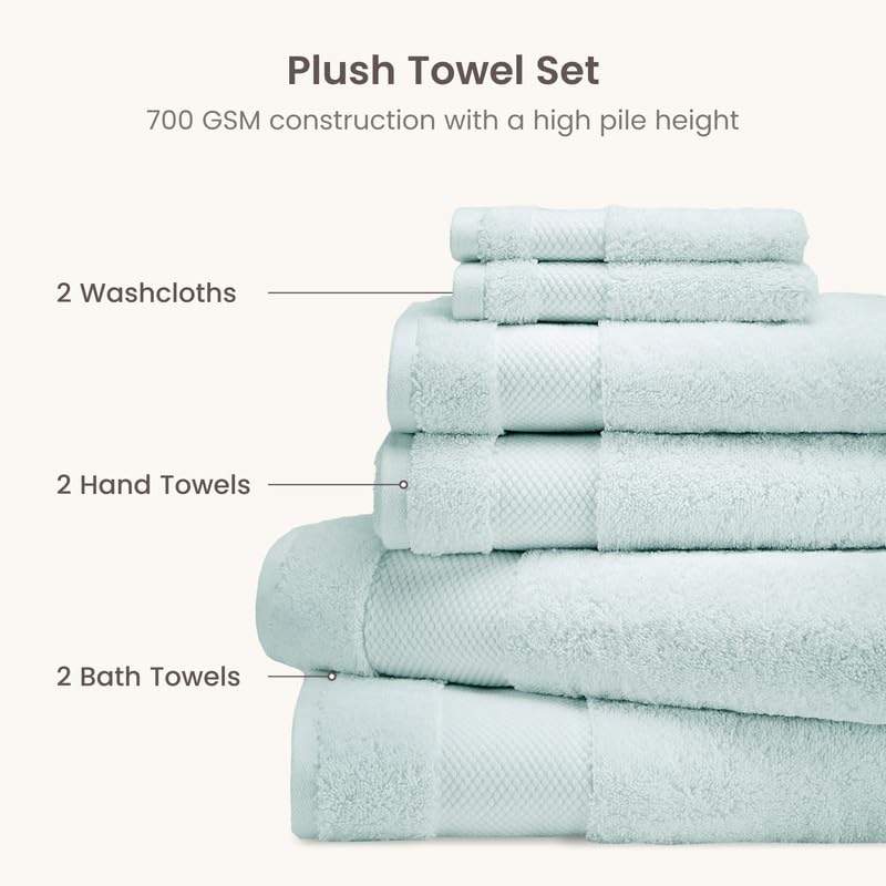 Organic Cotton Towel Set - 6 Pieces Seafoam, 700 GSM Plush & Absorbent