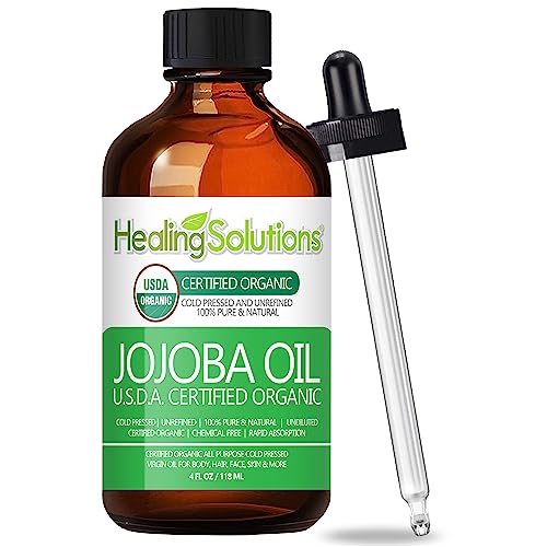 Healing Solutions Oils Organic Jojoba Oil 4 oz Pure Cold Pressed 100% Natural Serum for Hair, Skin, Face, Body, Scalp, Cuticle & Nail, Unrefined Moisturizing & Acne Fighter Treatment 118 ml