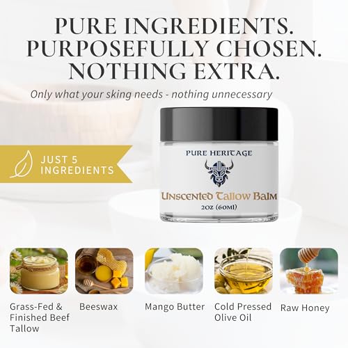 Pure Heritage Unscented Tallow Balm ? Grass-Fed Moisturizer for Sensitive, Dry & Reactive Skin | Natural Nourishing Balm for Face & Body | Family-Safe, Minimal Ingredients | 4oz