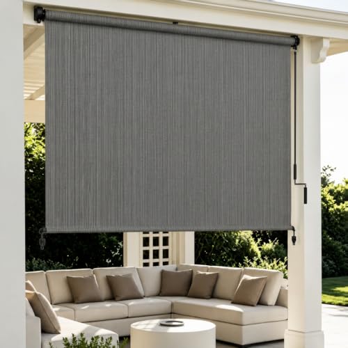 Outdoor Retractable Roller Shade 8ft x 8ft Light Gray Cordless Patio Blind