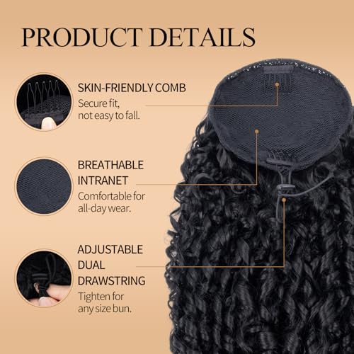 Boymia 28 Inch Black Ponytail Extension for Black Women - Drawstring & Curly, Natural Look