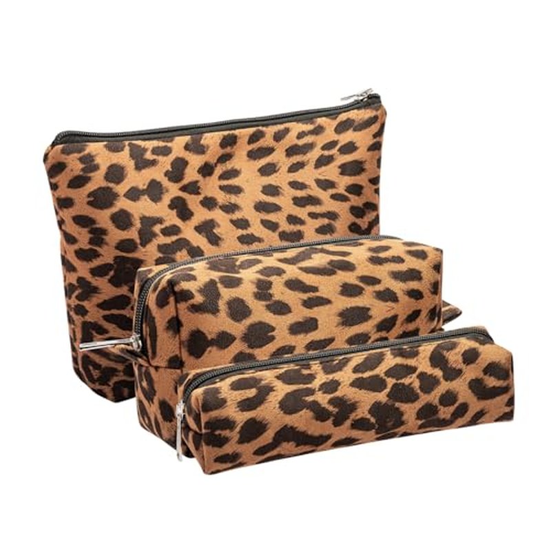 Leopard Print Makeup Bags, 3 Pieces, Large Capacity, Soft, Warm, Travel Toiletry Organizer (Brown)