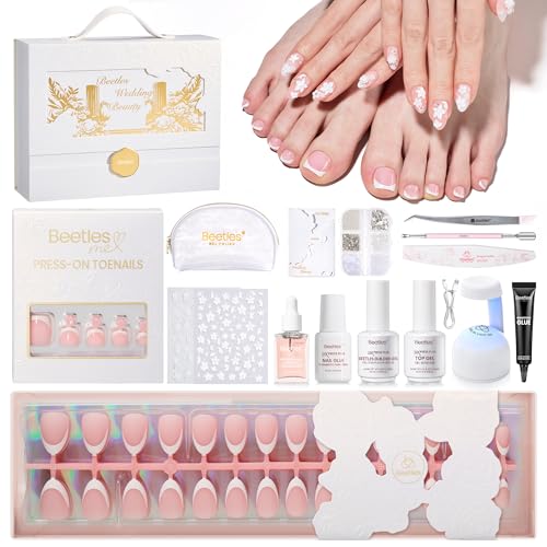 Beetles French Tip Press On Nails - Wedding Beauty Box | Short Almond Press On Nails Kit | 16 Sizes 224 Pcs All-in-One Kit With Nail Glue,Builder,Top Coat,Nail Lamp,Nail Tools Gift