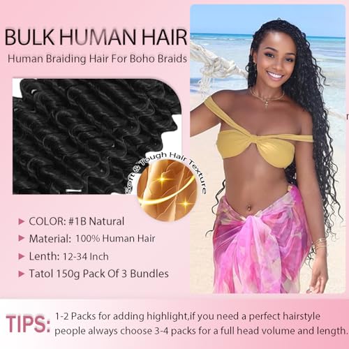 Deep Wave Human Braiding Hair Bulk 3 Bundles #1B Black 18 Inch Natural Virgin Extension