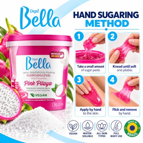 Depil Bella Brazilian Pink Pitaya Sugar Wax Paste 2.87 lb (45.92 oz) – Stripless Hard Wax for Brows, Bikini & Body